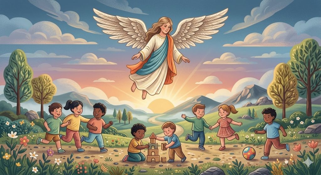 Primo Giorno: Protezione dell'Infanzia - un gruppo di bambini che gioca sotto lo sguardo benevolo di un angelo con le ali spiegate